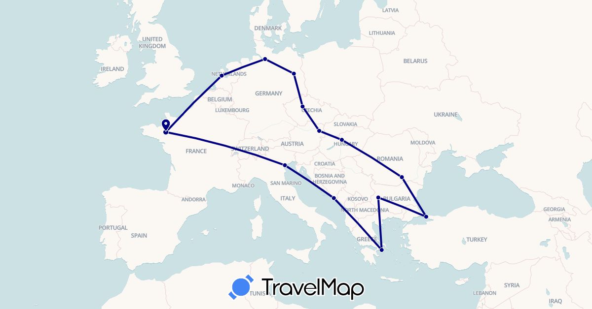 TravelMap itinerary: driving in Austria, Bulgaria, Czech Republic, Germany, France, Greece, Croatia, Hungary, Italy, Netherlands, Romania, Turkey (Asia, Europe)